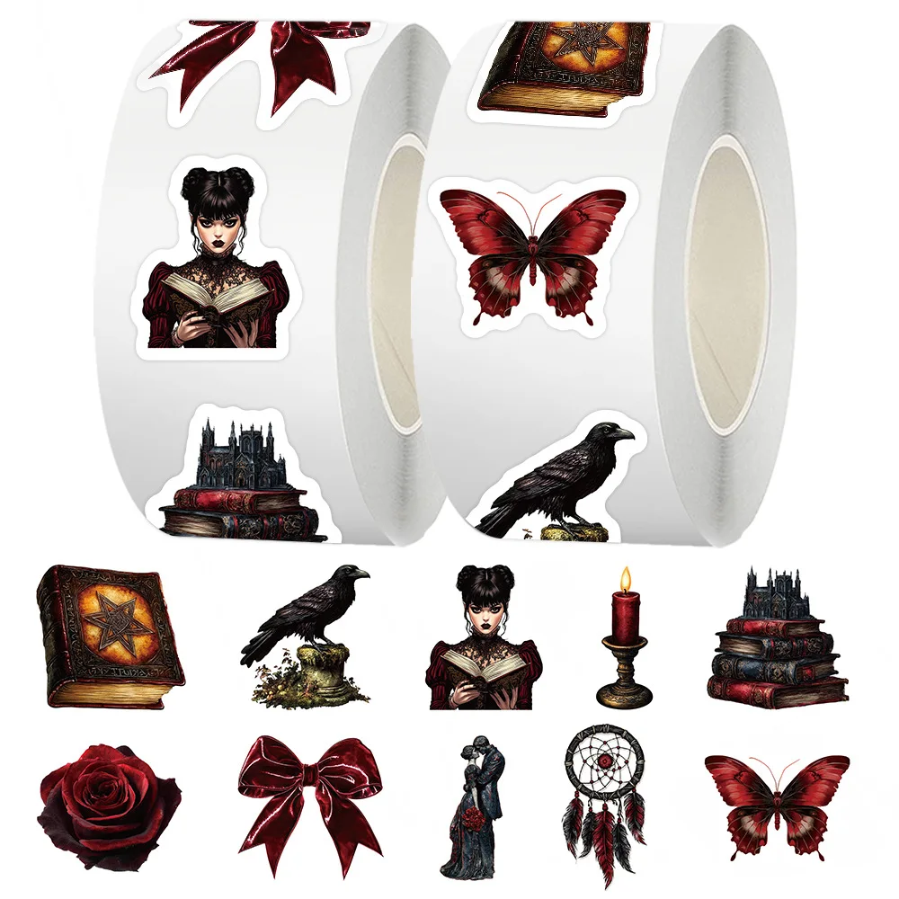

500pcs/Roll Black and Red Dark Style Cartoon Sealing Stickers DIY PVC Laptop Decals Decoration Reward Gift Toy