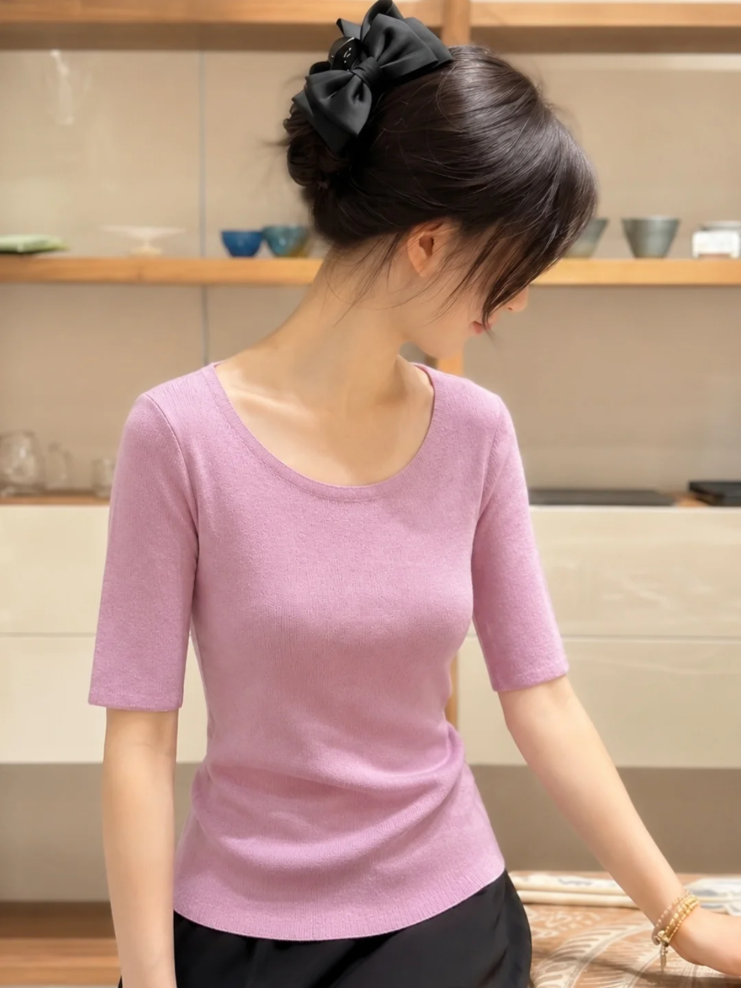 Slim Fit round Neck Short Sleeve Knitwear Versatile Style Women's Fashionable Color Younglooking Top for Autumn 2026