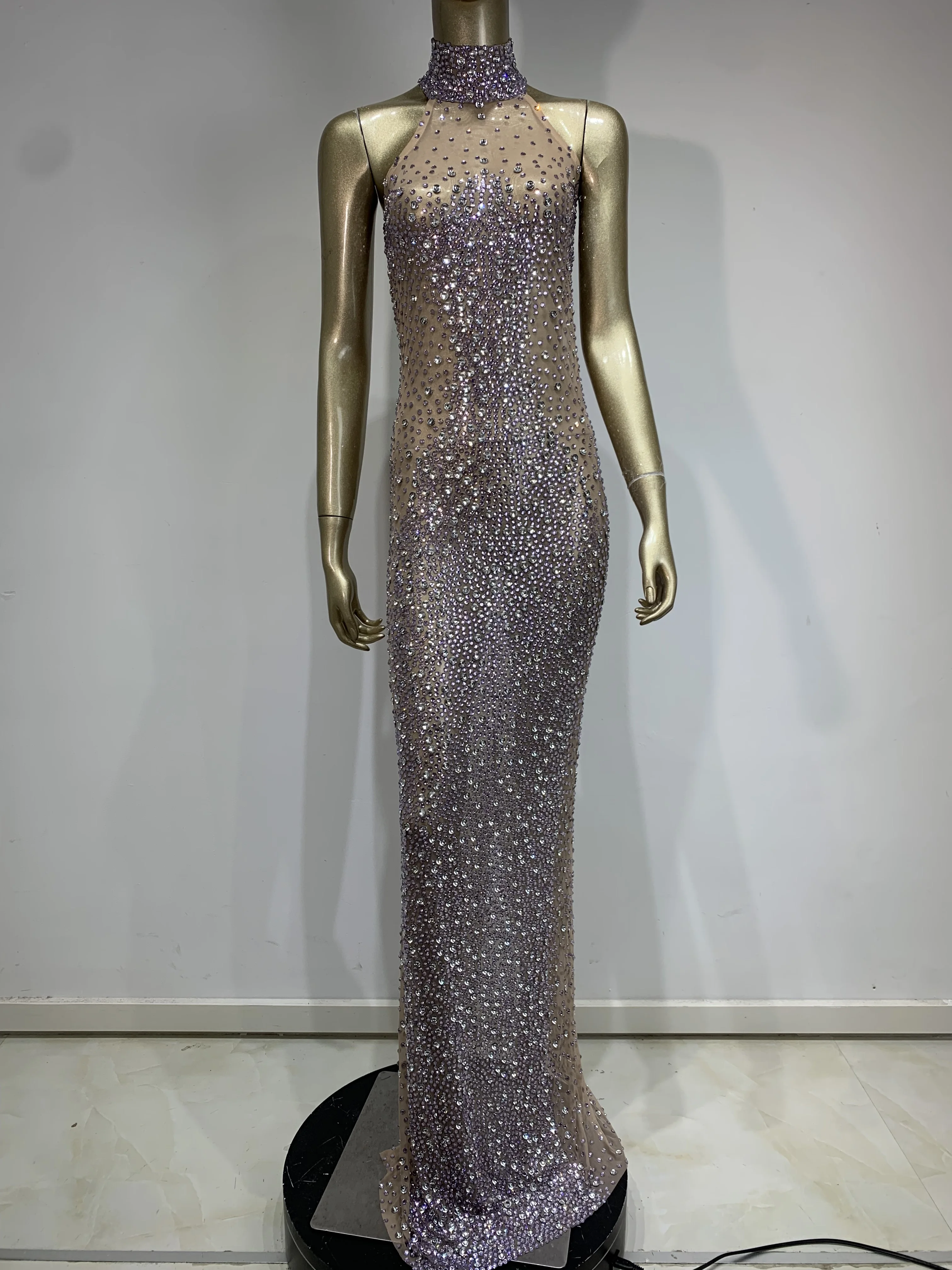 Sexy Shinny Rhinestones See Through Elegant Prom Dress Women Birthday Celebrate Party Prom Nightclub Outfit Stage Costume