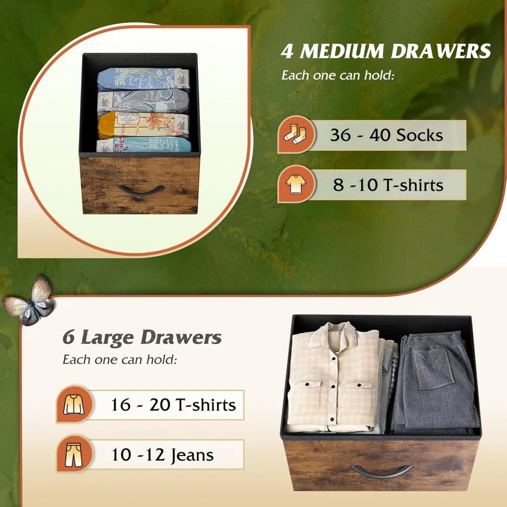 Dresser for Bedroom with 10 Drawers, Wide Fabric Dresser for Storage and Organization,for Living Room, Rustic Brown Wood