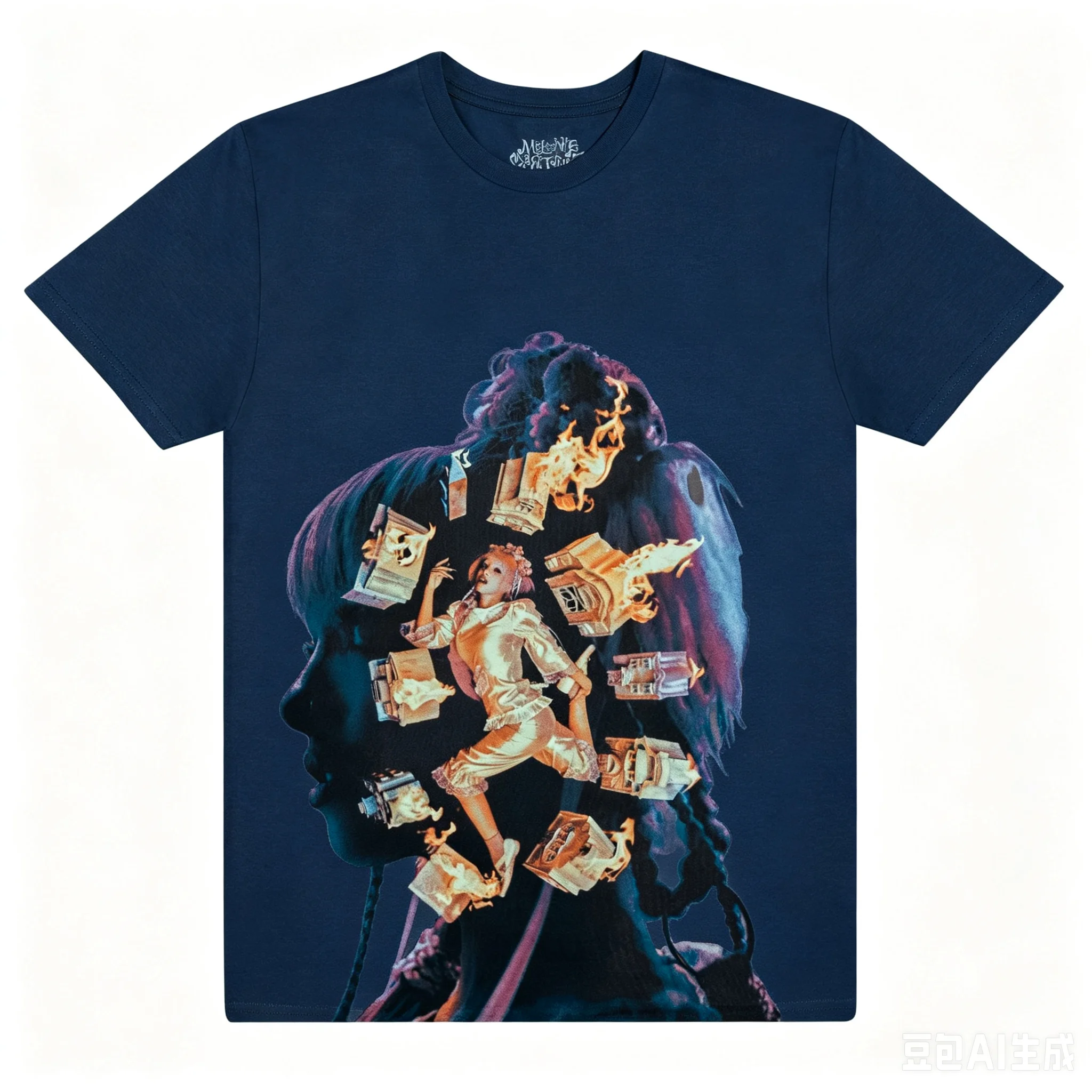 Melanie Martinez Surreal Burning Book Collage T-Shirt, Dark Psychedelic Portrait Graphic Tee, Unisex Loose Fit Fan Cotton Merch
