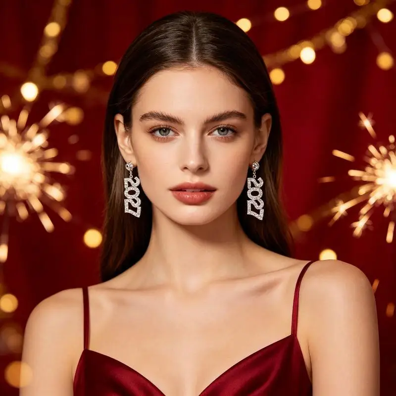 1Pair Jewelry Elegant 2027 Digital Earrings Rhinestone Fashion Happy New Year Earrings Shiny Long Drop Stud Earrings Party