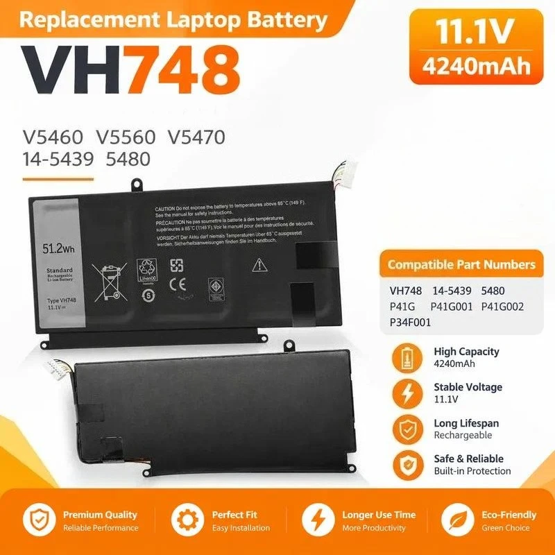 Replacement Laptop Battery for Vostro 5460 5470 5480 5560 P41G 14-5439 VH748 High Capacity Rechargeable Battery