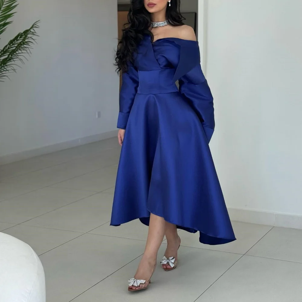 Abito da sera formale in raso per donne Sexy 2024 muslimexmuslimal Off The Shoulder blu Navy lungo a-line Cocktail Party Prom Gown