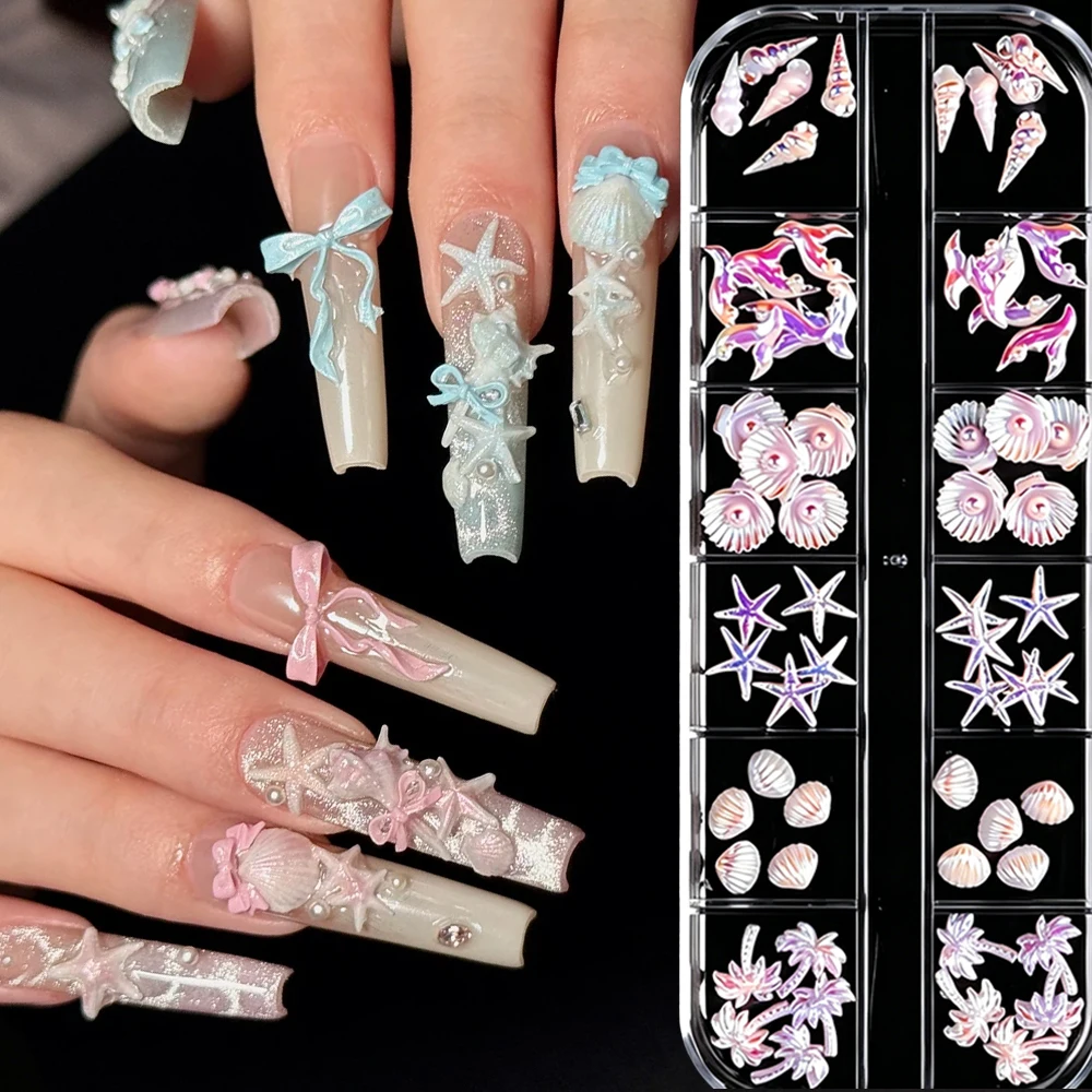 12Grids Pink Starfish Shell Ocean Nail Rhinestone 3D Aurora Mixed Summer Conch Shell Pearl Nail Charms Resin DIY Crafts Nail Dec