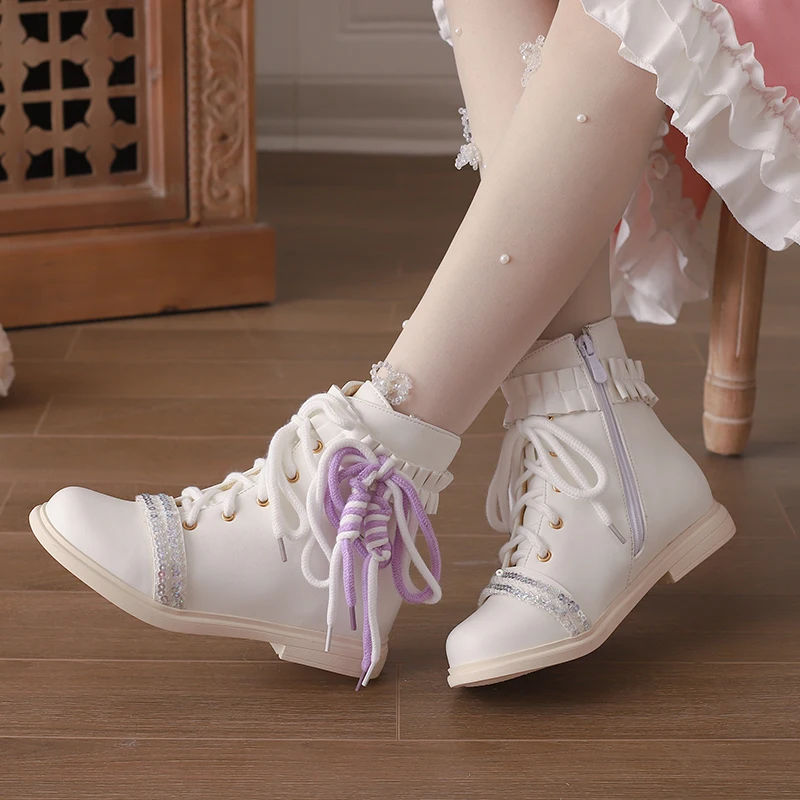 Women's Kawaii Lolita Ankle Boots Sparkling Decor Side Zip Adjustable Lace-Up Colorful Bow Ties Platform Low Heel Cosplay Shoes