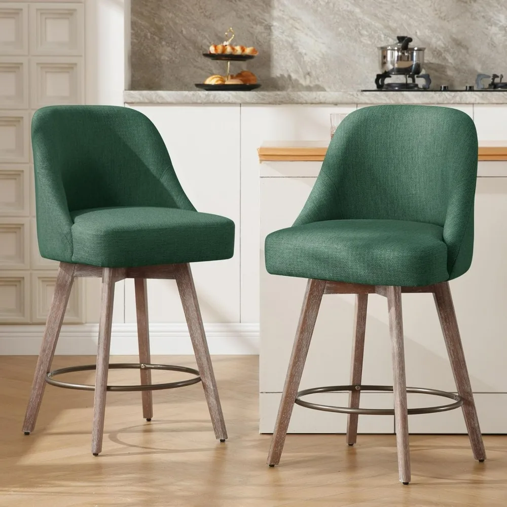 Bar Stools Set of 2, Swivel Barstools with Backs and Wood Legs, Linen Fabric , Seat Height Counter Stools for Kitchen Island,