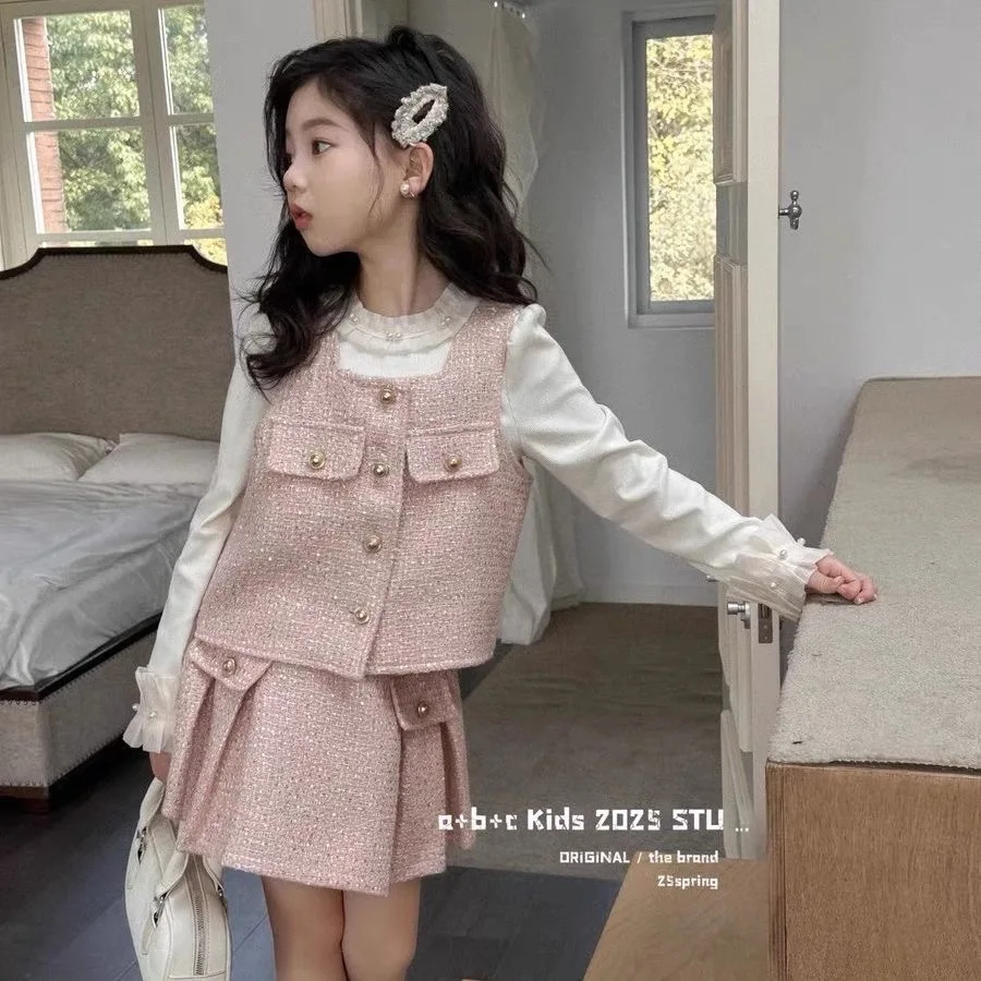 Korean Children Clothing 2025 Spring and Autumn New Girls Pink Vest Pleated Half Skirt Small Fragrant Style Three Piece Set
