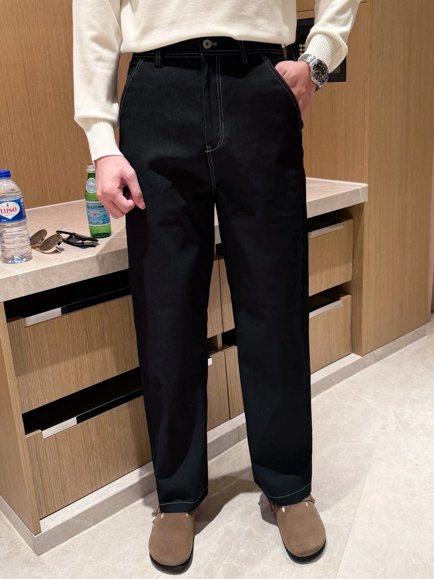 

Fall Winter Faion High-End Sensation Patchwork Waed Faux Denim Loose Straight Casual Long Pants Men's Loose Fit Bell Bot