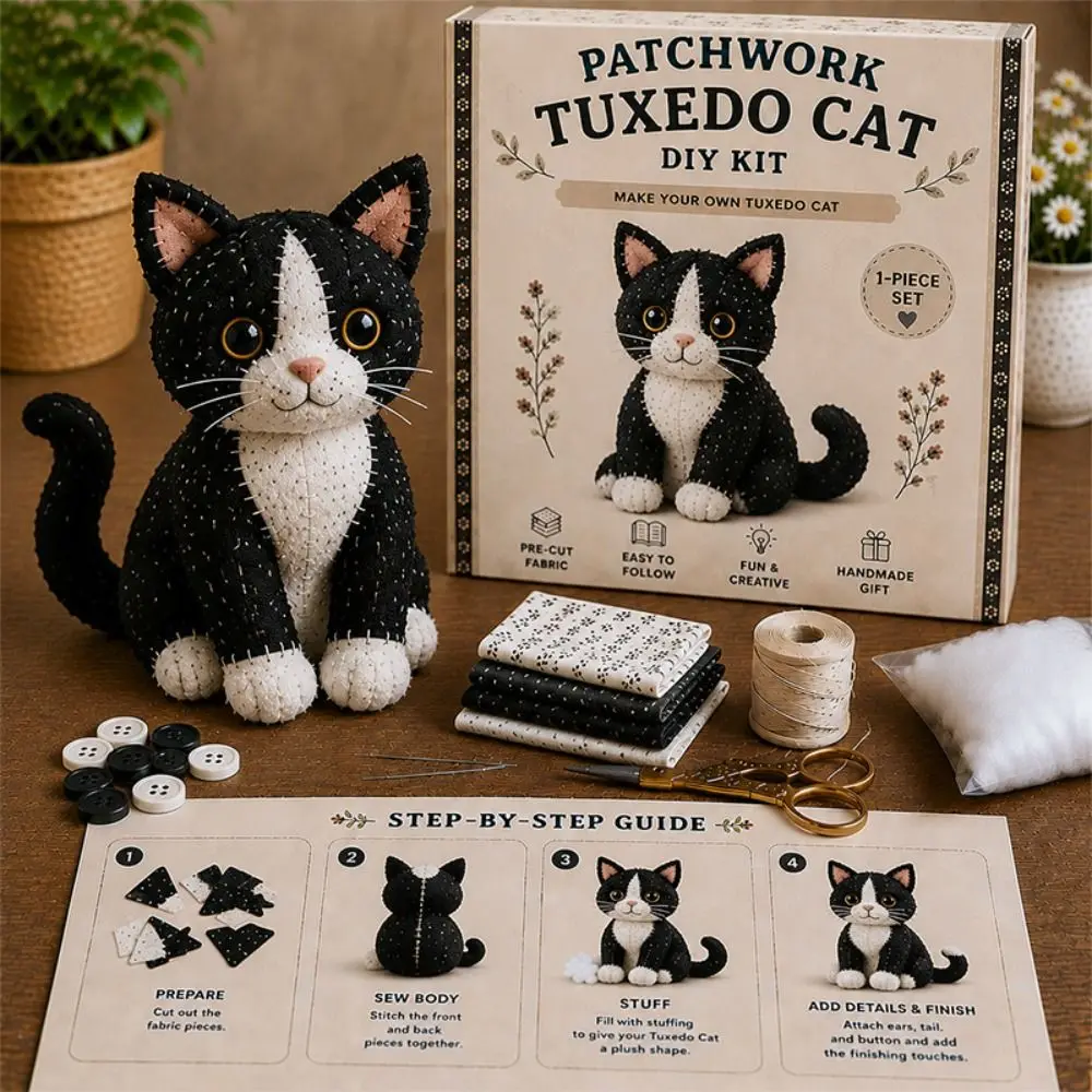Handmade Patchwork Cat Kit Step by Step Guide Pre Cut Fabric DIY Sewing Kit Stuffing Included Buttons Included Fabric Craft Set