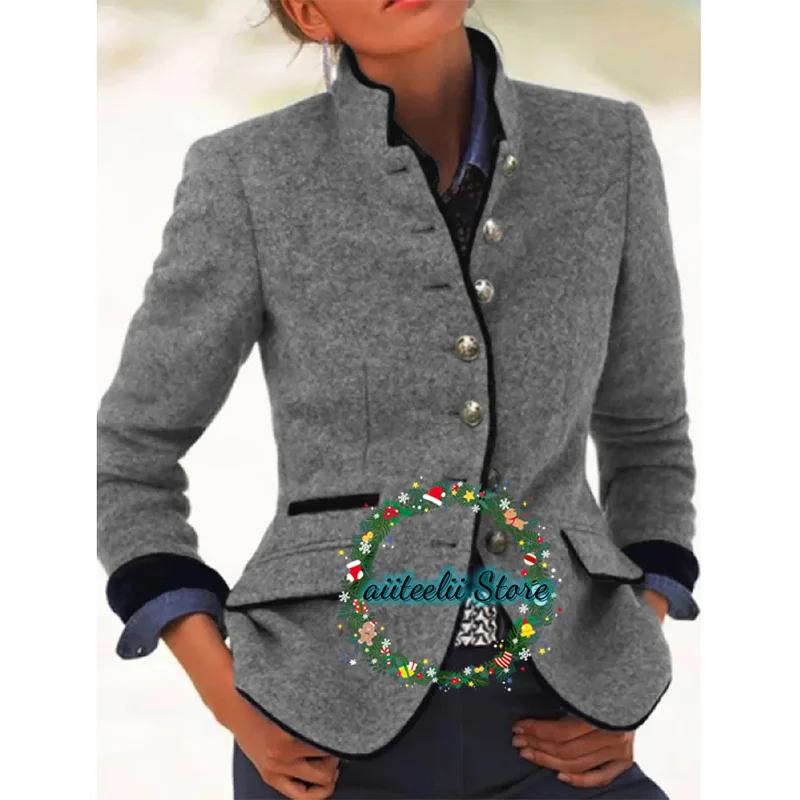 Blazer en laine vintage pour femme, col montant, veste à manches longues, coupe couvertes, document solide, dames pour mariage