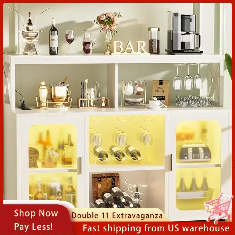 

Bar Cabinet with Power Outlet, Liquor Cabinet with Led Lights and Glass Holders, Storage Buffet Cabinet, Wine Cabinet with Racks