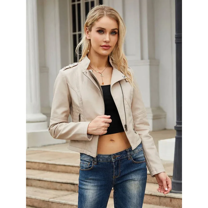 Krótka kurtka damska ze skóry PU, dopasowany krój, długi rękaw, styl motocyklowy, zapinana na zamek, idealna na wiosnę i jesień.