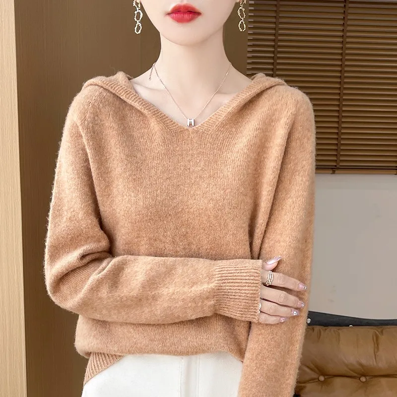 Hooded Wool Sweater Women\'s AutumnWinter Long Sleeved Solid Color Pullover Loose High-Quality Knit 100%Merino Wool Thick Jumper