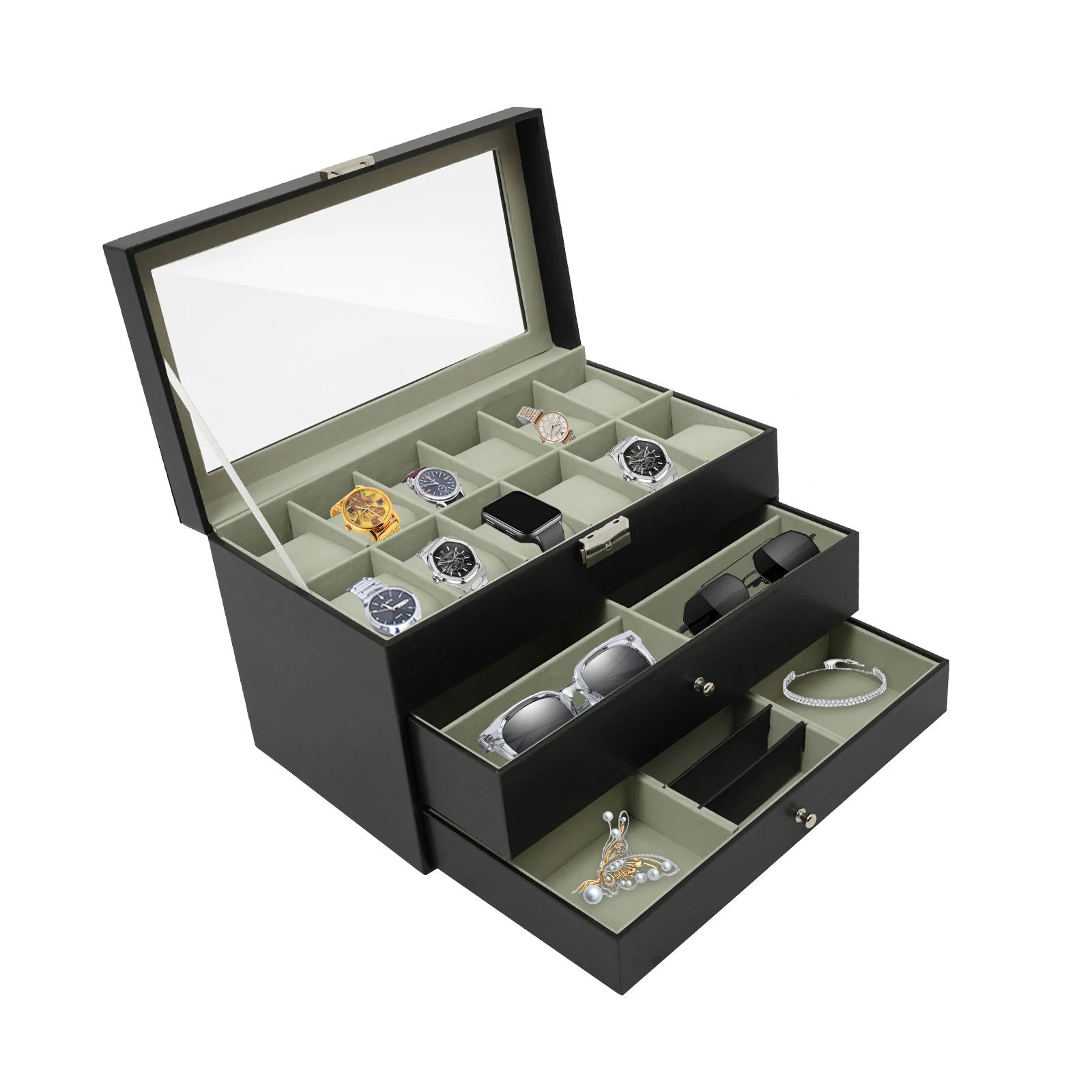 

Коробка для часов с 12 слотами, 3-слойный держатель для часов, органайзер, дисплей с 2 бархатными ящиками для колец, браслетов, подарков на день рождения, черный цвет