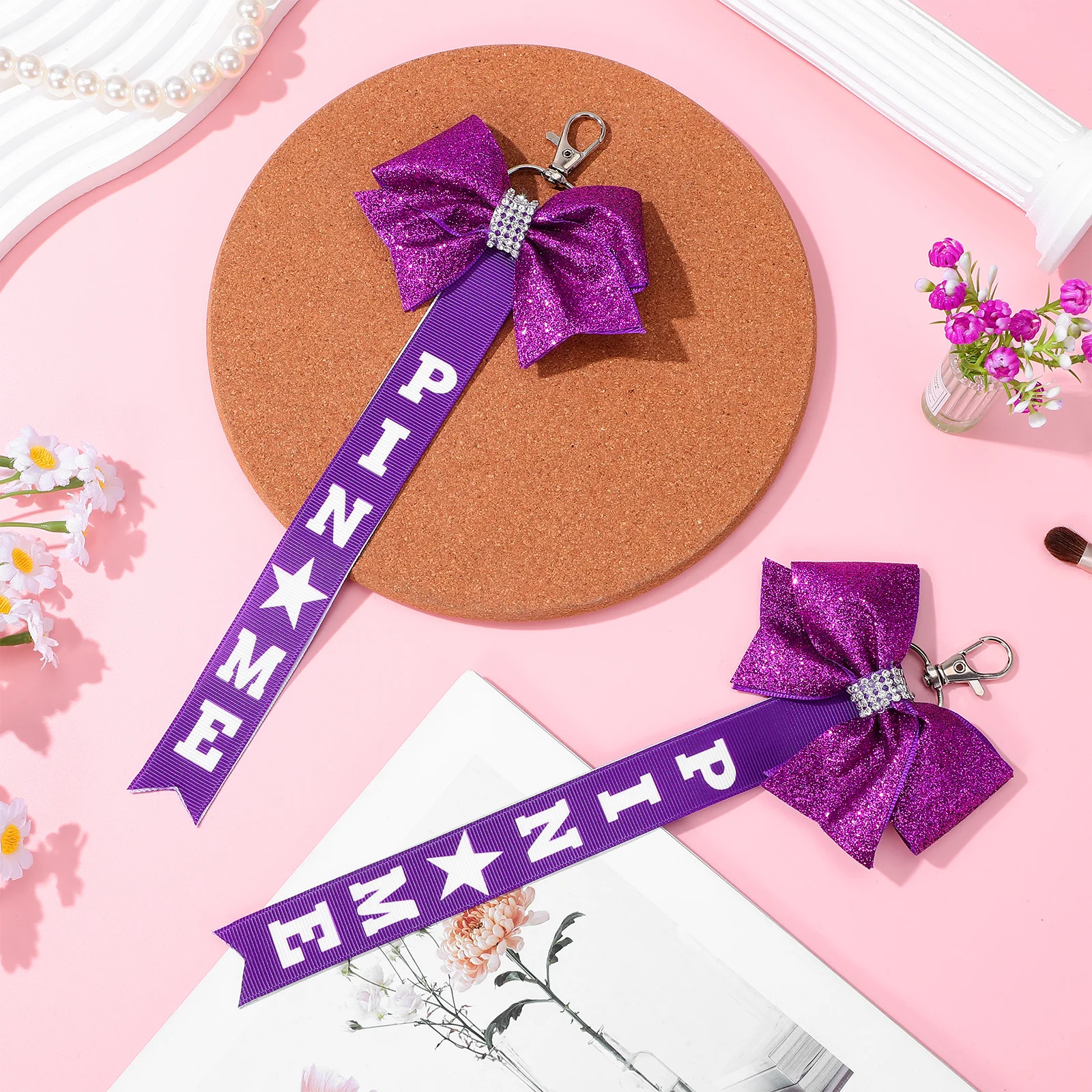 

2Pcs Cheer Keychains Bow Ribbon Rhinestone Bow Pin Me Ribbon Charm for Backpacks Bags Bling Accessory Pin Me Cheer Keychain