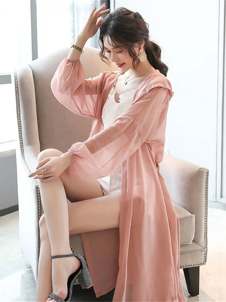 2022 Fashion Women Blouse Summer Puff Sleeve Simple Loose Chiffon Shirt Cardigan Hooded Long Kimono Ladies Tops Sun-protective