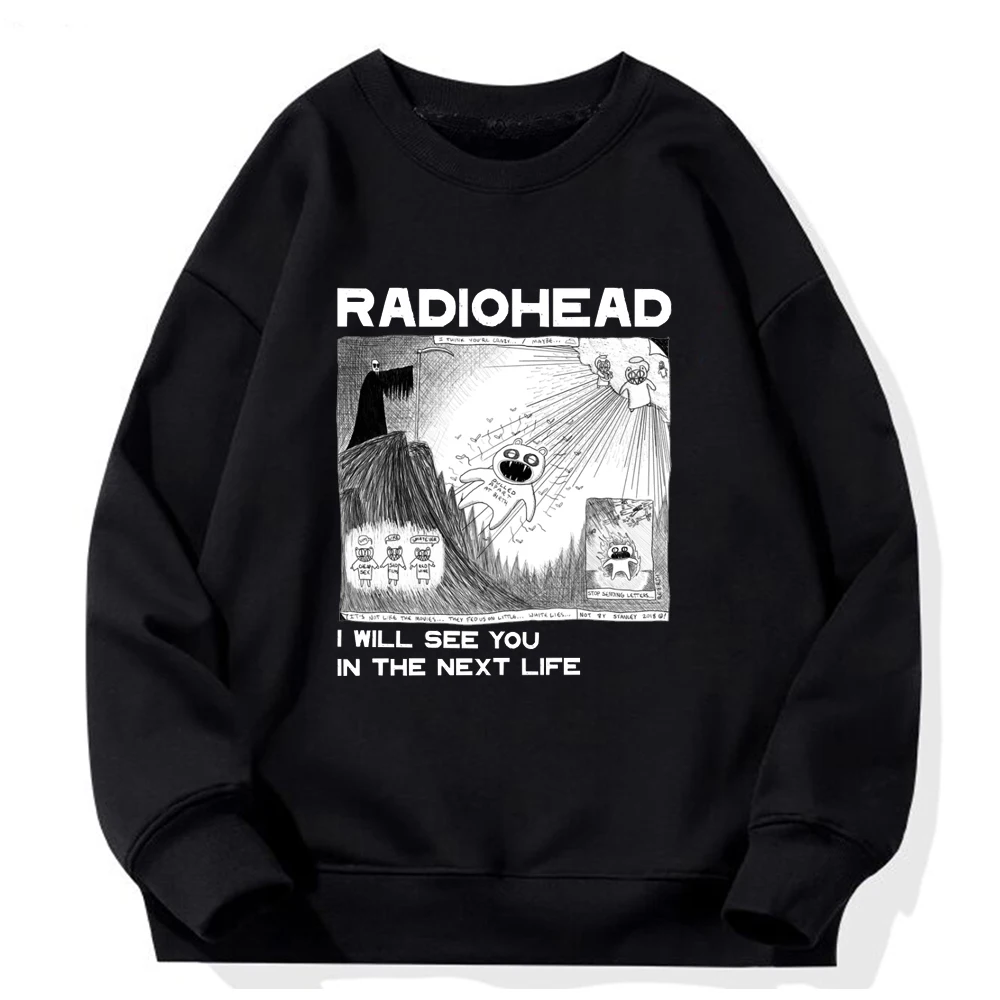 Radihead ฉันจะเห็นคุณในชีวิตถัดไปมีฮู้ดผู้หญิงเสื้อพิมพ์ลายร็อคบอยเด็กหญิงเสื้อสเวตเชิ้ตหลวมๆสไตล์ญี่ปุ่นเสื้อท่อนบนสถานีเพลงวงดนตรี