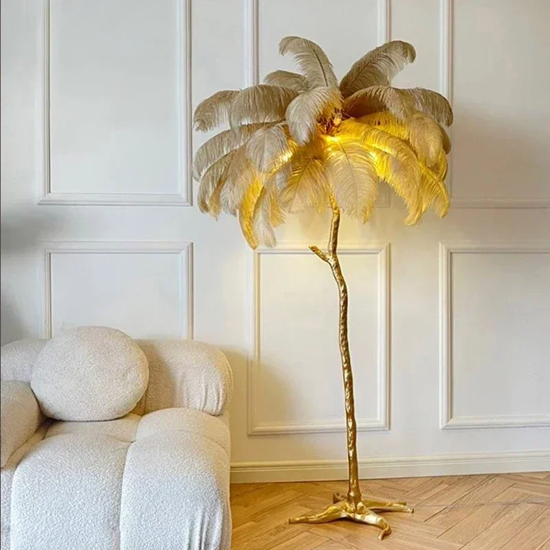 Nordic strusie pióro lampa podłogowa Led żywica miedź salon Home Decor lampa stojąca oświetlenie wewnętrzne lampka nocna do sypialni