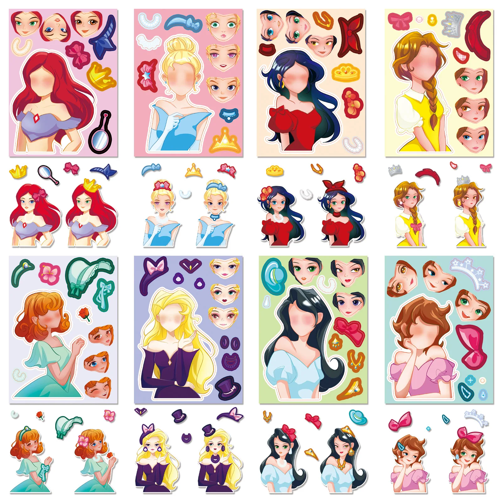 8/16 fogli Principessa dei cartoni animati Crea una faccia Adesivi puzzle I bambini rendono il tuo gioco fai da te Regalo giocattolo educativo puzzle per bambini