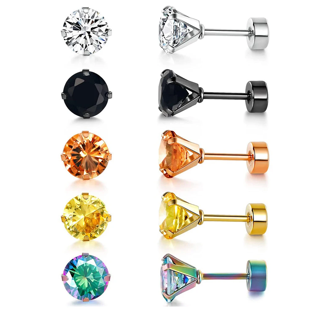 

Pack of 5 Pairs Titanium Stainless Steel Screw Flat Back Cubic Zirconia Stud Earrings Set for Men Women 2/3/4/5/6/7/8mm