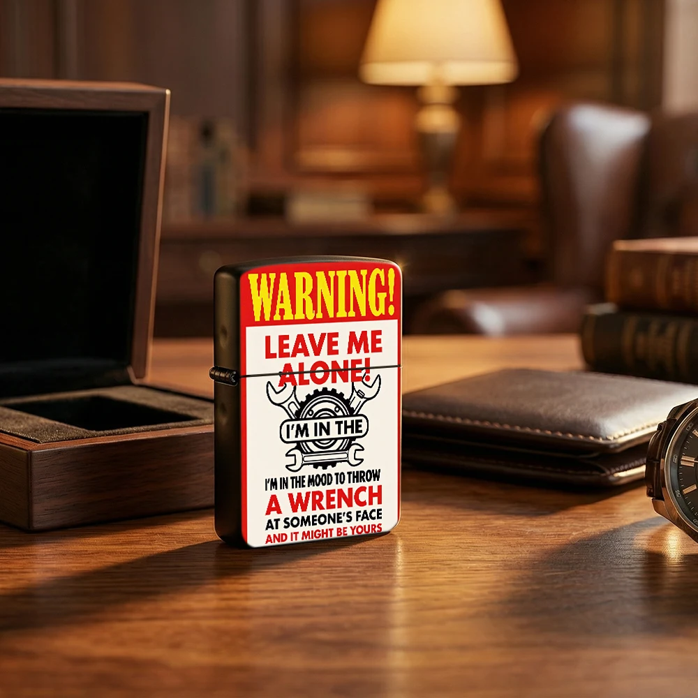 Retro Funny lighters vintage Flip Top Lighter, Warning Mechanic Wrench Gear Slogan Text Graphic Pattern lighters for smokers For