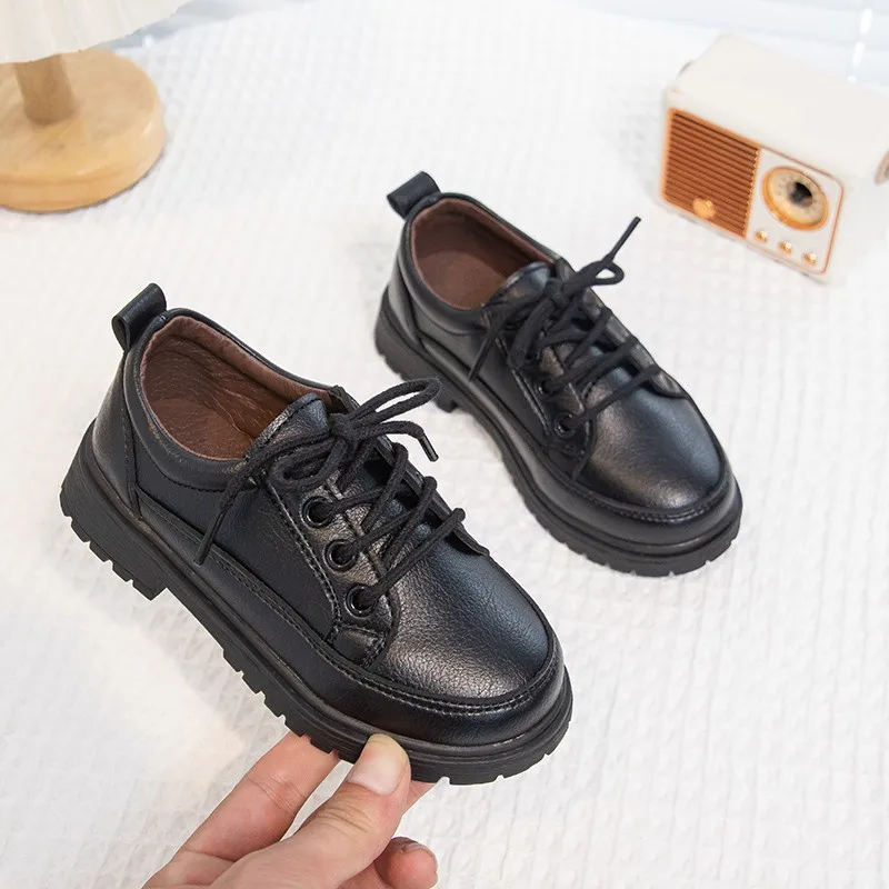 2025 Children's Leather Shoes New School Performance Boys Causal Uniform Shoes Versatile Simple Kids Formal Flat Shoes Lace-up