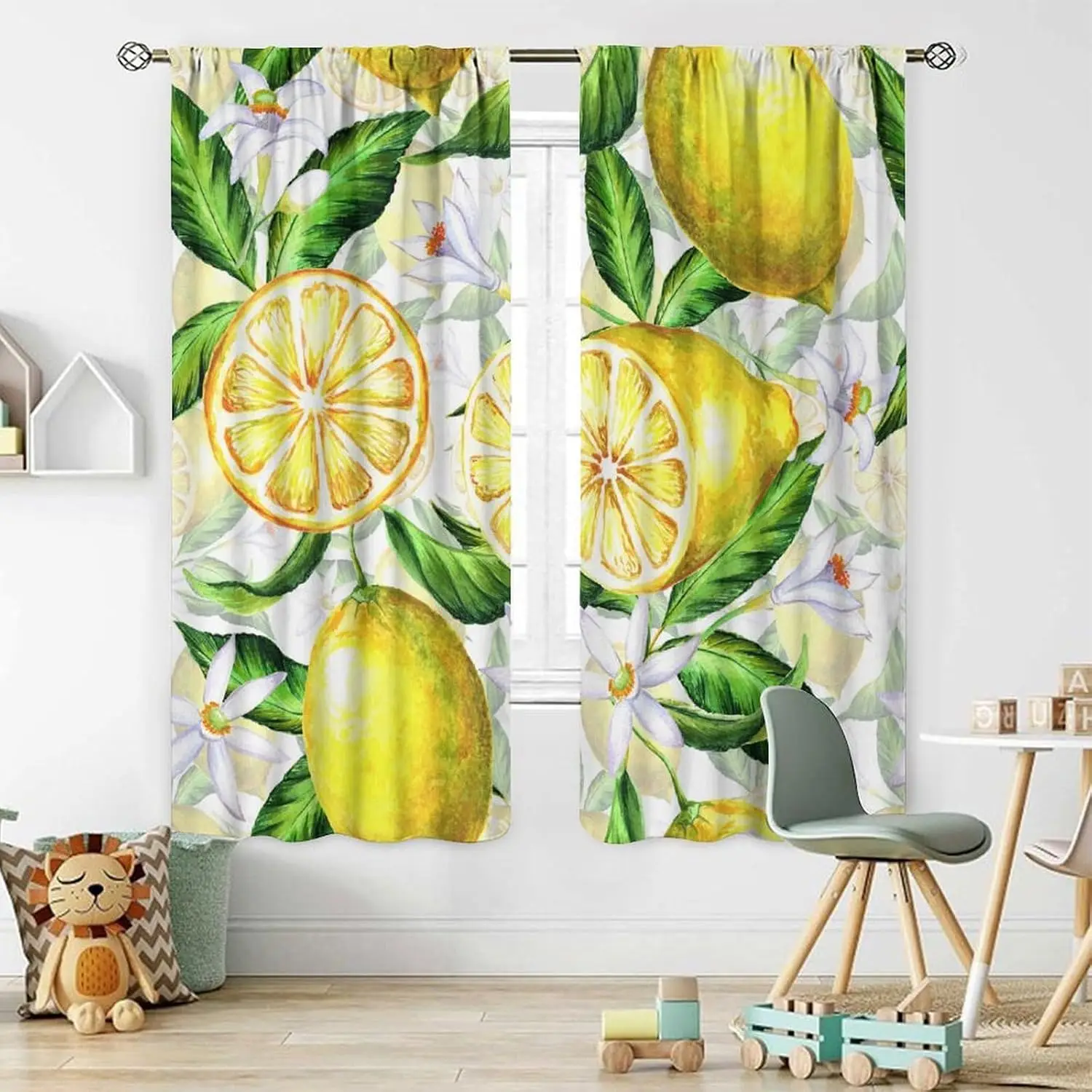 Big Watercolor Lemon Slice Curtain 2 Panels Lemon Blossom Green Leaf Inn Room Refreshing Bright Kitchen Bedroom Home Curtains