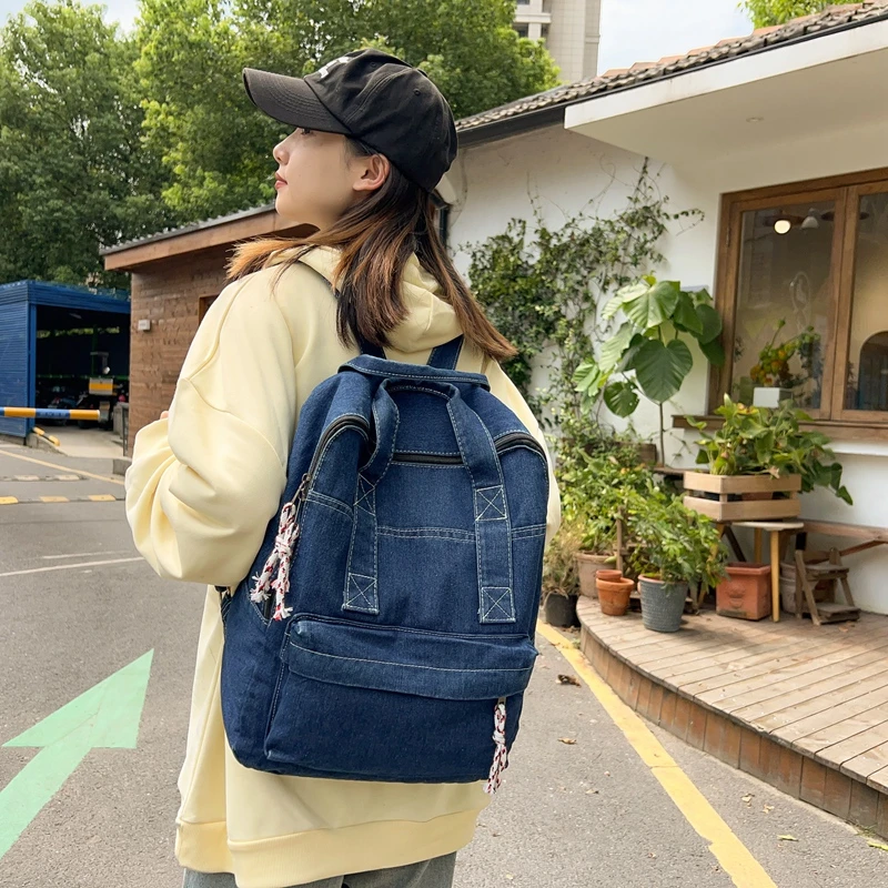 

Blue Denim Women's Backpack Student Knapsack Canvas Shoulders Bag Vintage Packbag Travel Rucksack New Jeans Mochila Y2K Bookbag