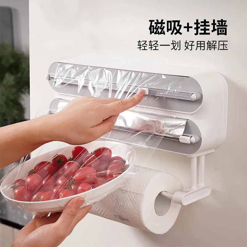 3-in-1 Multifunctional Cling Film Cutter, Magnetic Wall Holder For Kitchen Paper Lazy Cloth Dual Slide Blade Kitchen Sundries