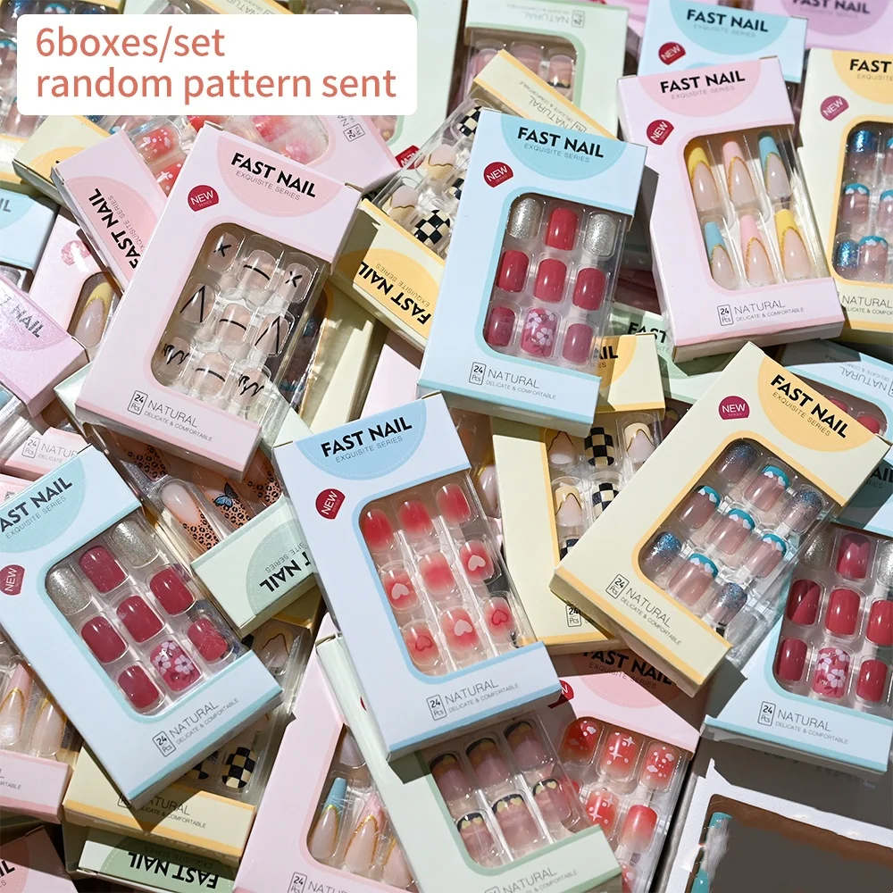 6 paquetes (144 piezas) de uñas postizas cuadradas cortas con diseño mixto, uñas postizas de bailarina de cobertura completa para mujeres y niñas # Al azar *&