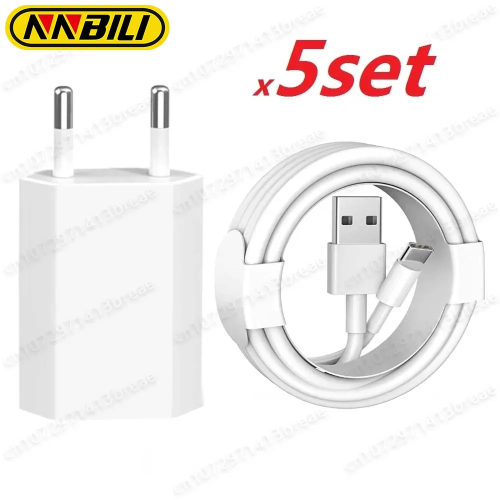 NNBILI 1-5set 5V1A EU home Travel USB Wall Charger Power adapter Type c Cable 1m For Samsung S8 S10 S22 S23 Xiaomi Huawei Phone