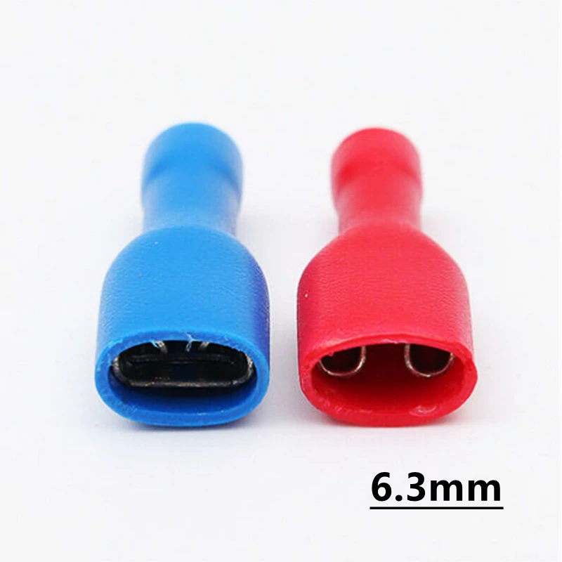 100Pcs FDFD 1.25-250 & FDFD2-250 6.3mm Red&Blue Female Spade Insulated Electrical Crimp Terminal Connectors Wiring Cable Plug