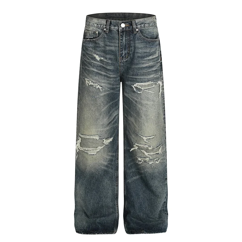 

GXFortune American Sle Worn Blue Wide Leg Men's Jeans Casual Loose Fit Tear Details mid Waist Zipper Closure Straight Hem
