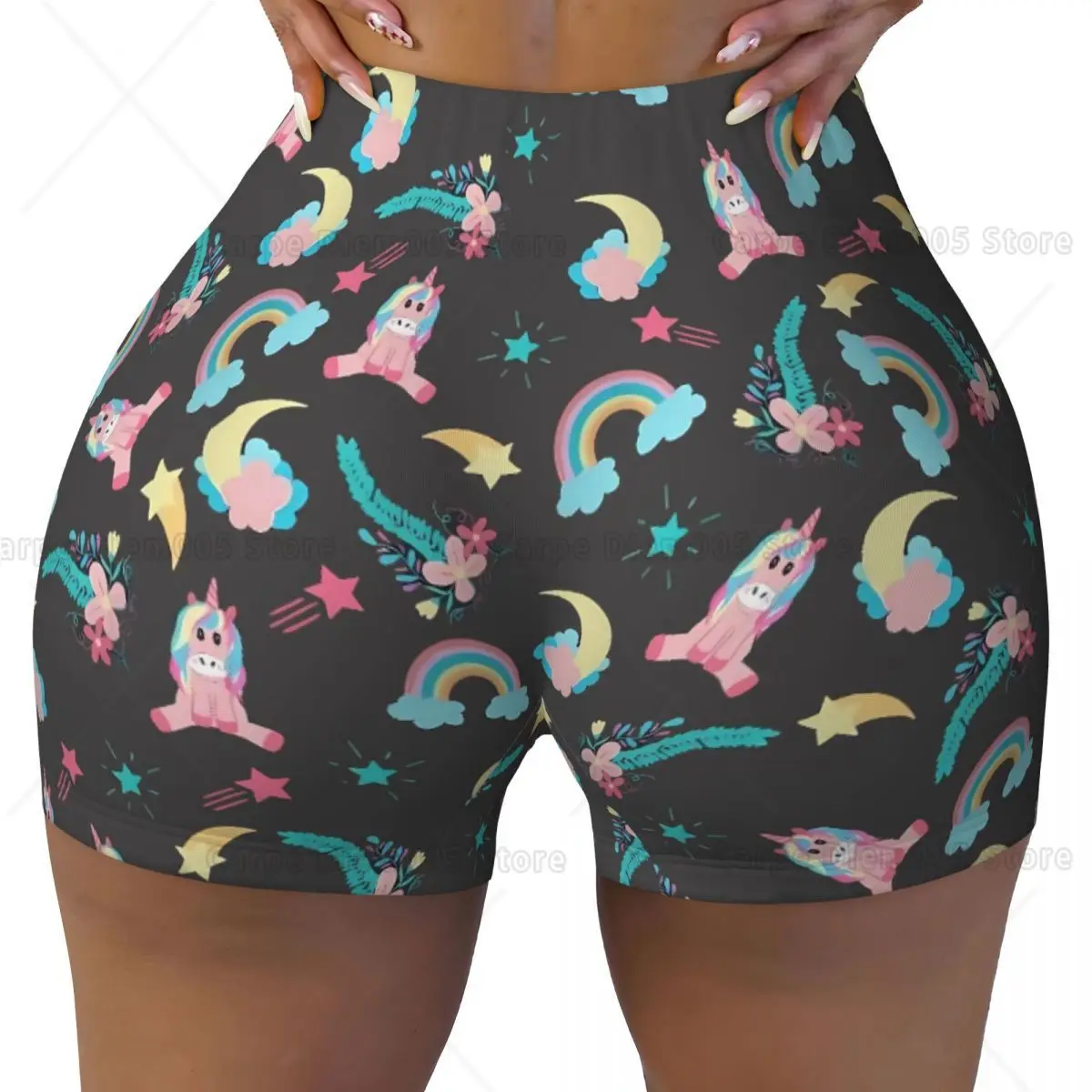 กางเกงขาสั้นออกกำลังกายผู้หญิงลายยูนิคอร์นสีเขียวสดใส เอวสูง กระชับสัดส่วน ยืดหยุ่น เหมาะสำหรับโยคะ ปั่นจักรยาน วิ่ง และกีฬา
