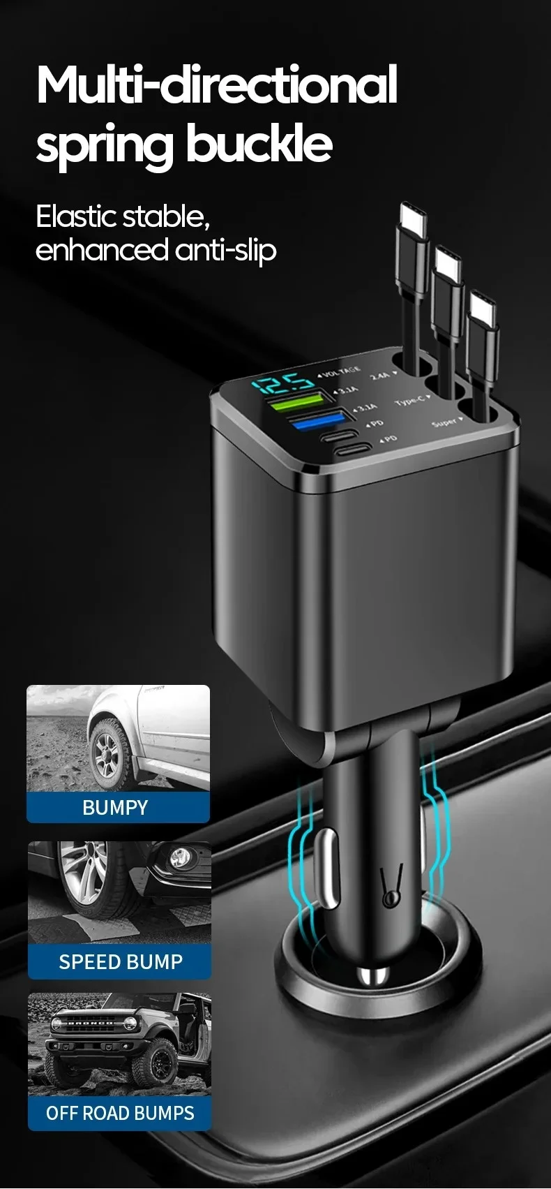 Typ-C Handy-Autoladegerät 7-in-1 mit Erweiterungskabel, Dual-Port USBPD Schnellladegerät für Zigarettenanzünder im Auto – Detail 11