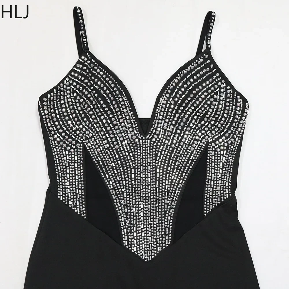 HLJ Black Sexy Rhinestone Bodycon Evening Party Suspenders Long Dress 2024 Women V Neck Thin Strap Slim High Slit Vestidos 2024