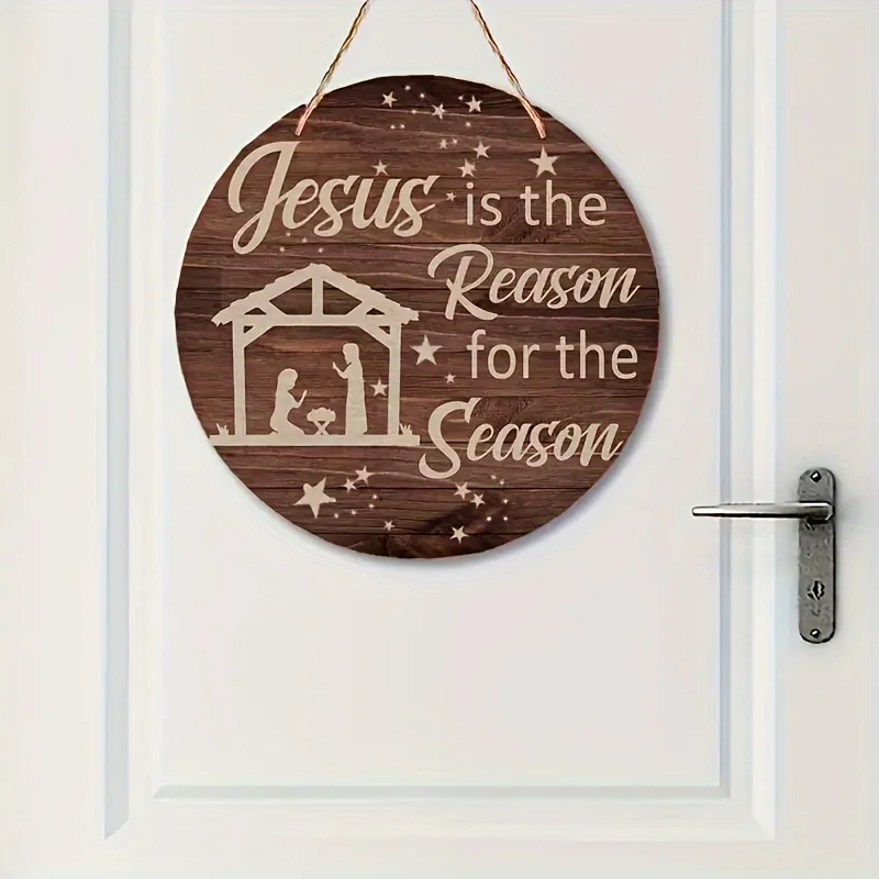 1pc Jesus Is The Reason - Rustic Wooden Christmas Wreath Sign, Round Wall Decor for Home & Garden Style Front Porch