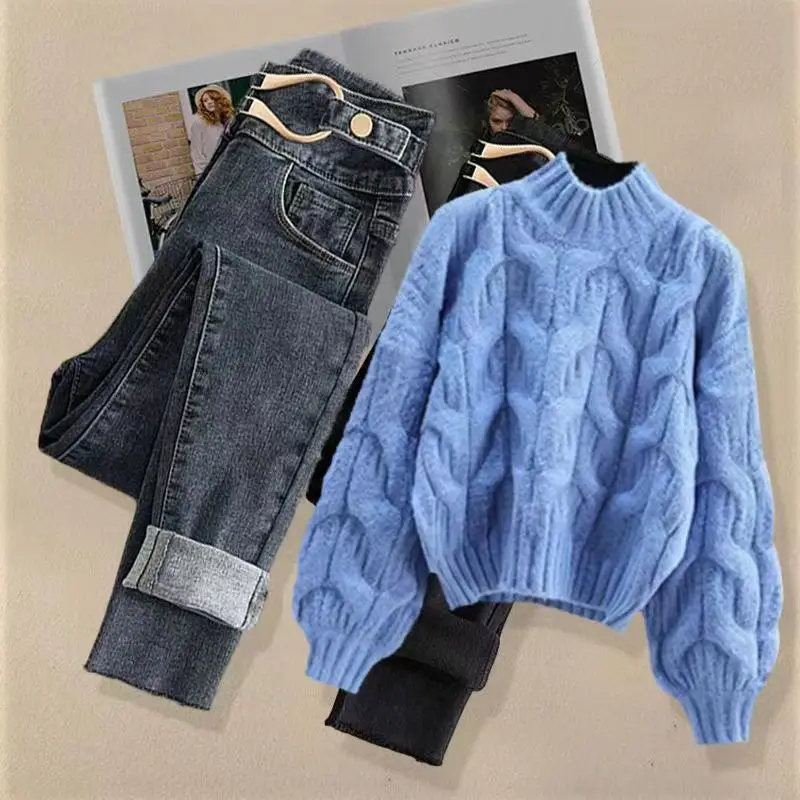 Fashion Stand Collar Knitted Loose Lantern Sleeve Sweaters Female Clothing 2023 Winter Oversized Solid Color Casual Warm Tops