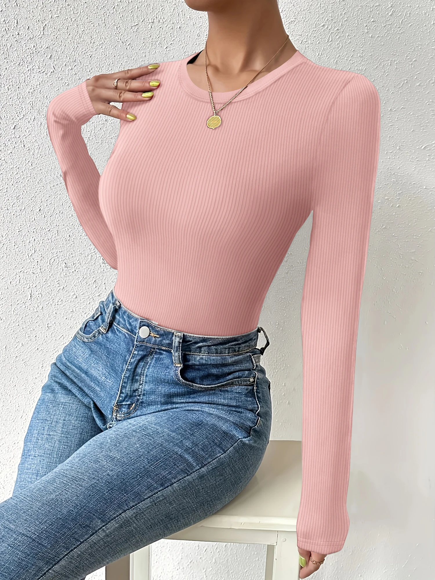 Soft Knitted Women Crew Neck Long Sleeve Tee Vertical Rib Slim Bodycon Top Y2K Casual Layering Blouse Fall Fashion Shirts