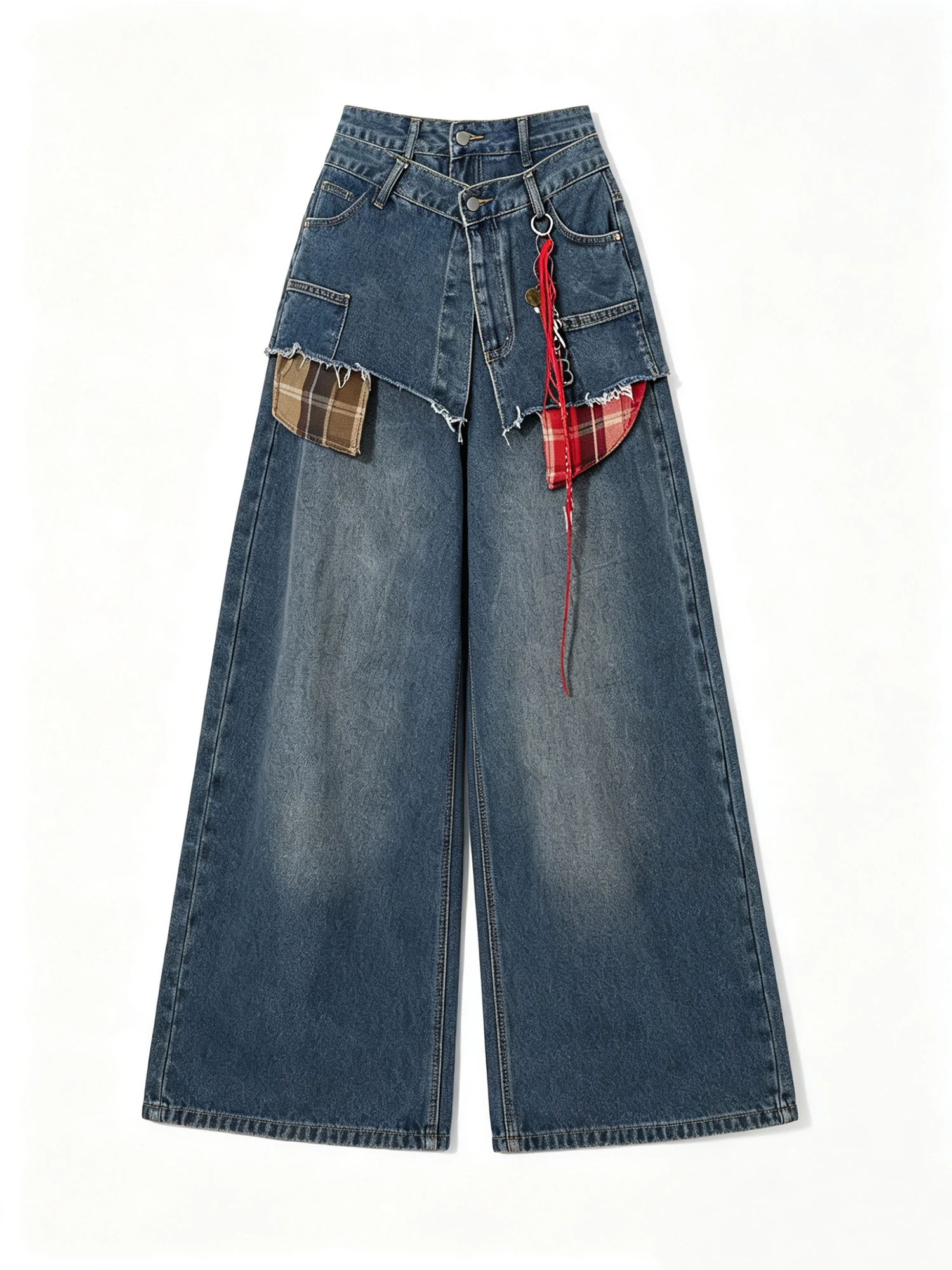 

Women Blue Plaid Patchwork Y2k Baggy Jeans with Skirt Vintage Harajuku Grunge Oversize Jean Pants Wide Leg Denim Trousers Summer