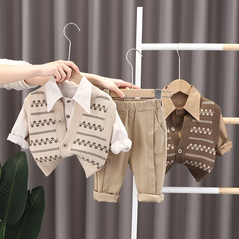 

2023 Spring 3PCS Baby Boys Clothing Set Sweater Cardigan Vest Long Sleeve Shirts Jeans Pants Boys Clothes Set Autumn