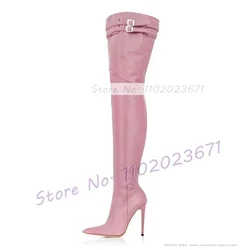 Pink Over Knee High Boots With Buckle Strap Women Splicing Pointy Toe Large Size Slim Boots Ladies Sexy High Thin Heels Shoes