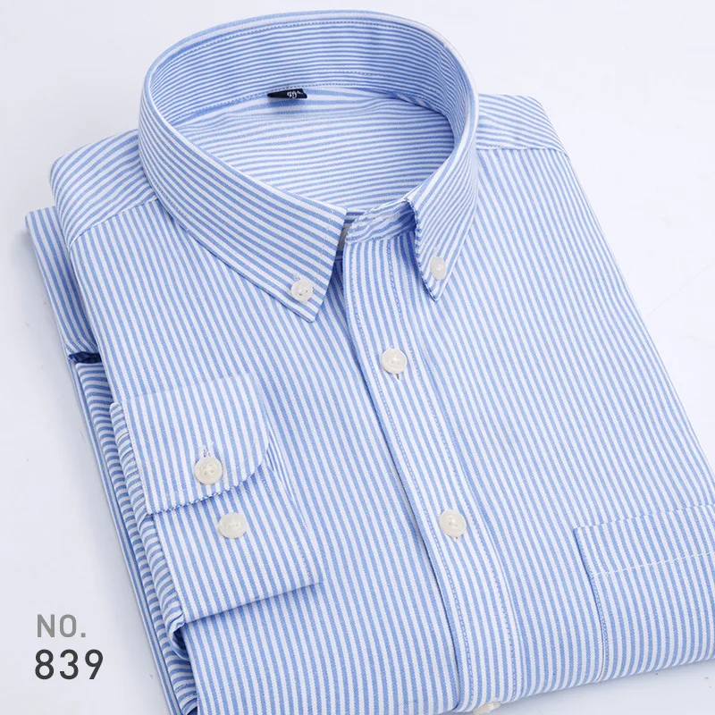 Camisa casual de manga comprida masculina, listrada, xadrez, Oxford, girando, confortável, respirável, gola, design de botão, fino, vestido de