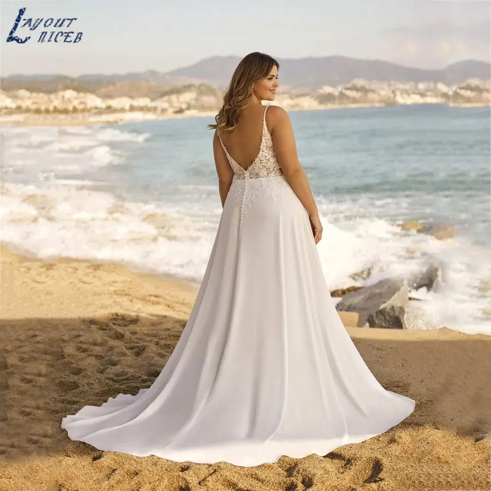 LAYOUT NICEB Spaghetti Straps Applique Satin Bridal Gown Plus Size Backless Wedding Dresses V-Neck A-Line Backless vestidos 2024