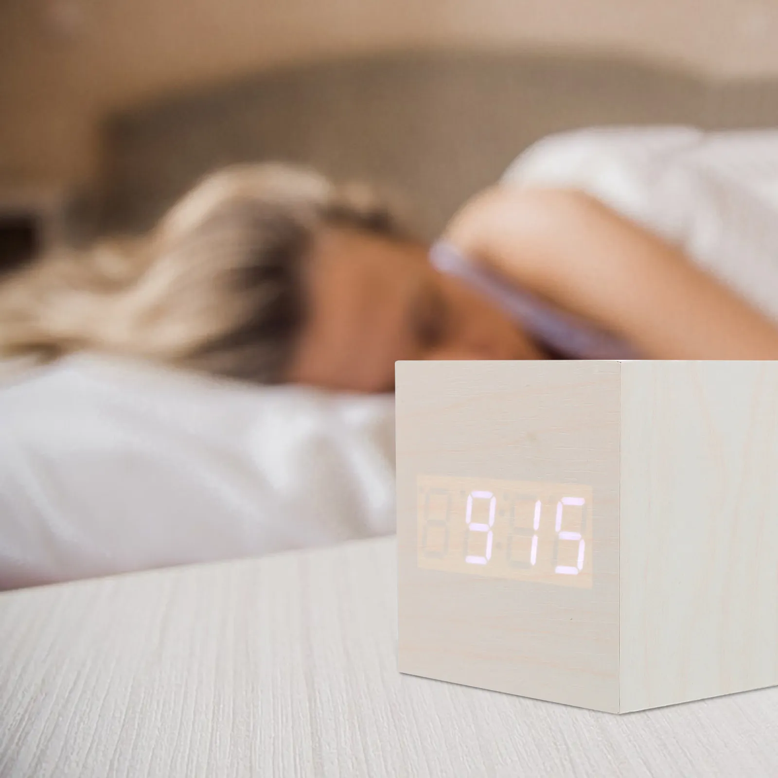 1Pcs Wooden Digital Alarm Clock Square Clock Temperature Display Adjustable Brightness Eye Protection