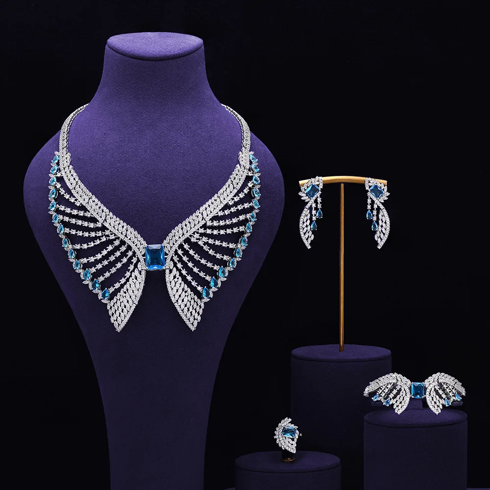 4Pcs Wing Shape Blue Cubic Zircon Necklace Earrings Bracelet Ring Sparkling Statement Choker Bridal Jewelry Set Christmas Gift