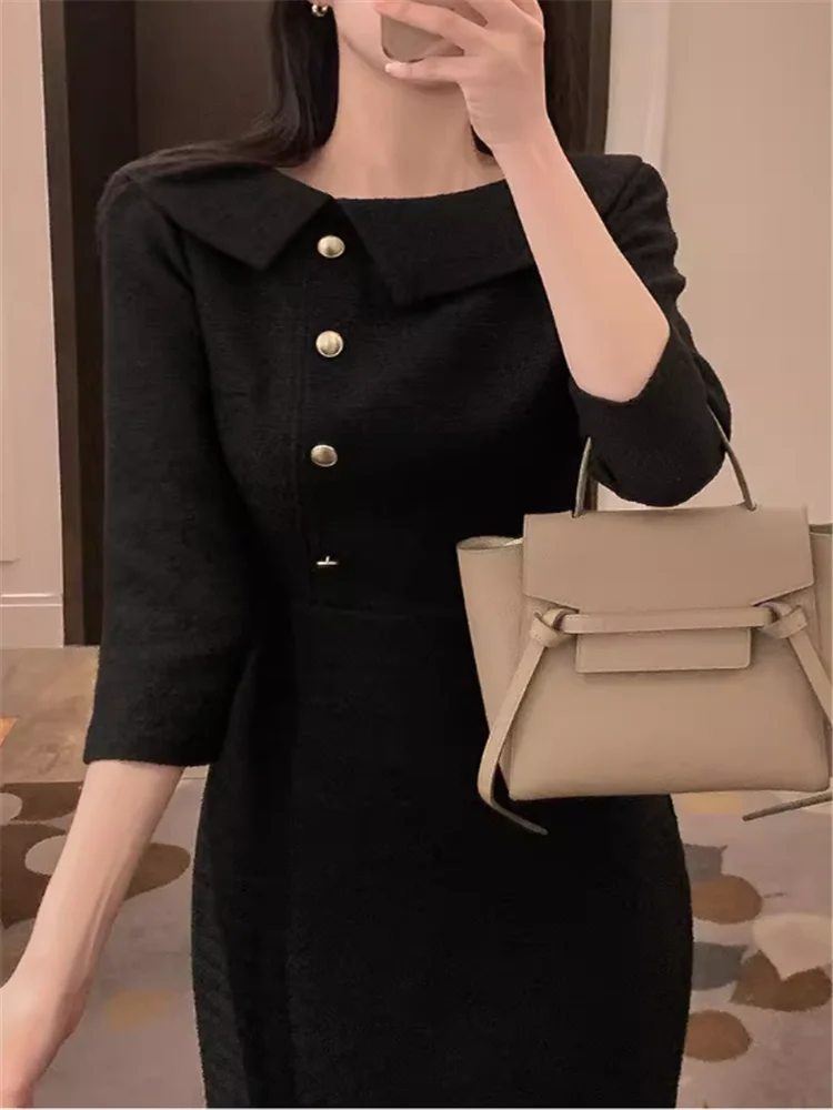 ブラックピンク エレガント レディース 七分袖 スリム ストレート ミディ丈ワンピース 秋新作 セレブ風 ドールカラー ボディコン ワークドレス