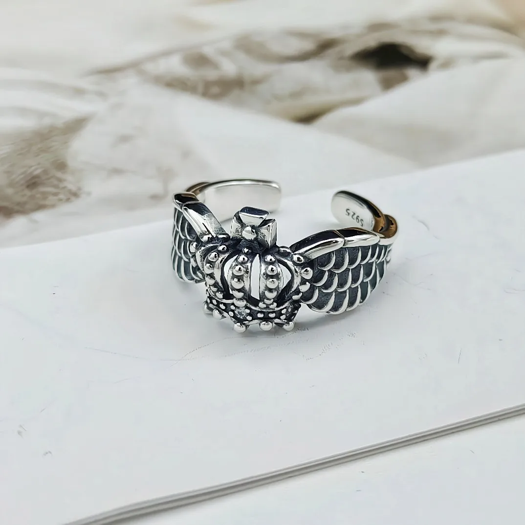 

S925 sterling silver k-style crown ring wings ring fashion trend niche design thai silver adjustable ring