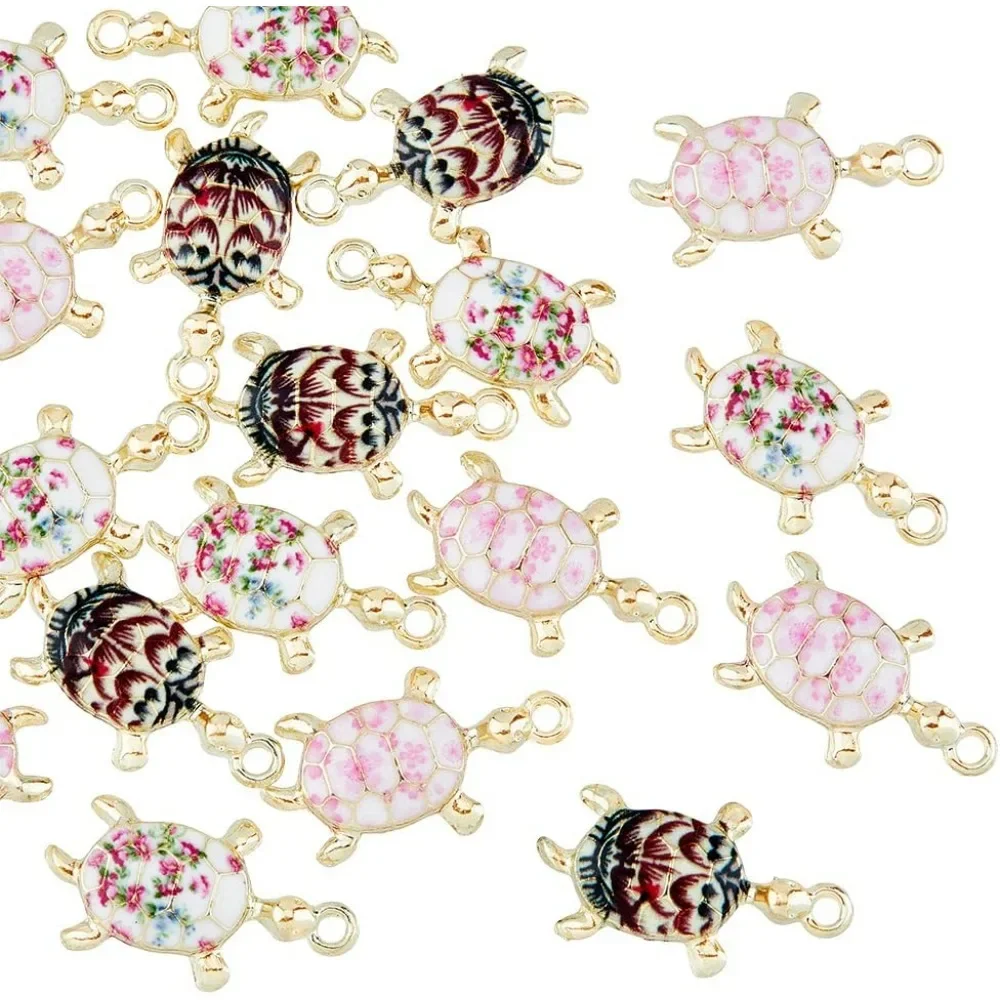 36Pcs 3 Colors Light Gold Turtle Charms Enamel Flower Pendants Sea Animal Pendants Charms Alloy 3D Tortoise Creature Charms